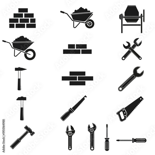Construction Tools and Materials Icons: Bricks, Wheelbarrow, Cement Mixer, Hammers, Saws, Wrenches, Screwdrivers