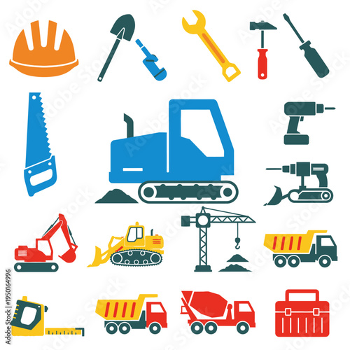 Construction tools and machinery icons set: safety helmet, shovel, wrench, hammer, drill, excavator, bulldozer
