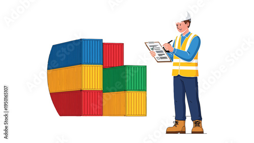 Logistics Inspector's Precision: A dedicated logistics inspector meticulously reviews a cargo manifest alongside a stack of vibrant shipping containers, embodying efficiency and organization.