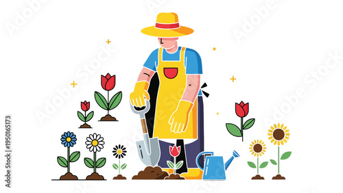 Gardener in the Green: An illustration of a dedicated gardener, tending to a vibrant array of blossoming flowers with skill and care, showcasing the beauty of nature.