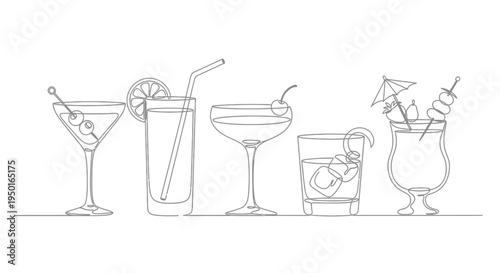 Assorted cocktails, minimalist line art, bar concept