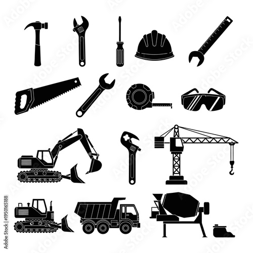 Construction Tools and Equipment Icons Set: Safety, Building, and Heavy Machinery