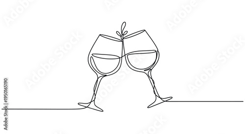 Two wine glasses clinking in single line art style with line drawing