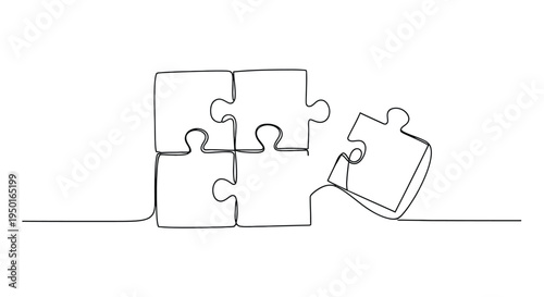 Puzzle pieces connecting in single line art style with ideal for team