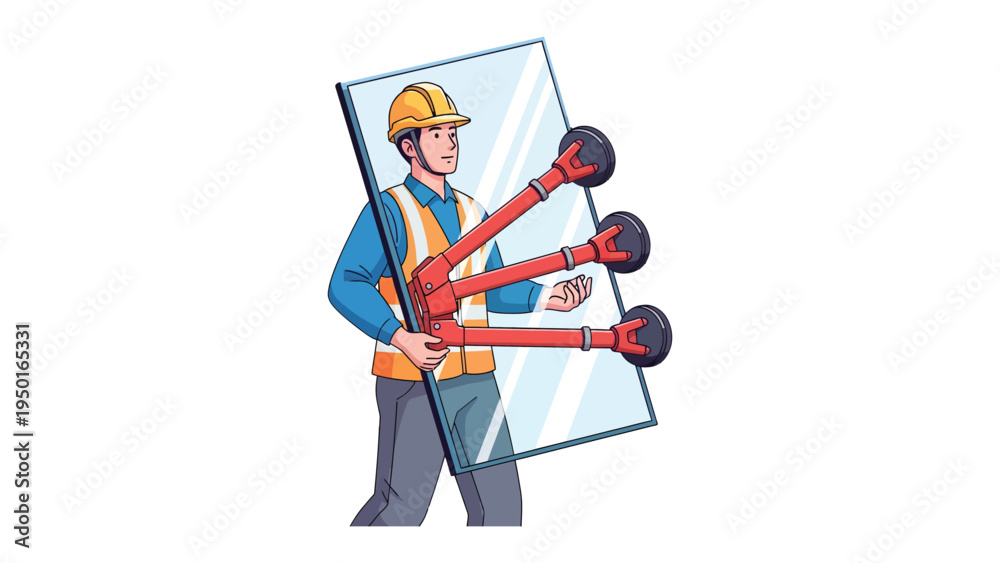Fototapeta premium Glass Installation in Progress: A construction worker carefully maneuvers a large pane of glass, utilizing specialized suction cup tools to ensure a secure and precise installation.