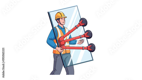 Glass Installation in Progress: A construction worker carefully maneuvers a large pane of glass, utilizing specialized suction cup tools to ensure a secure and precise installation.