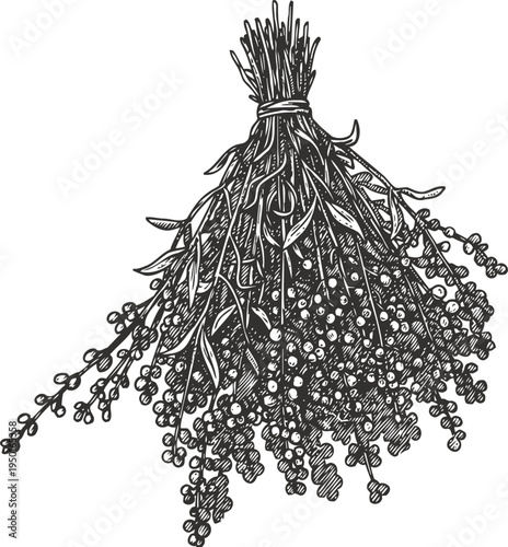 Hand drawn bunch of peppercorn branches with leaves and berries tied together in vintage