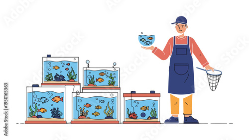 Aquarist's Aquarium Display: A friendly aquarist holds a bowl of fish next to various aquariums in a pet store, showcasing a diverse array of aquatic life.