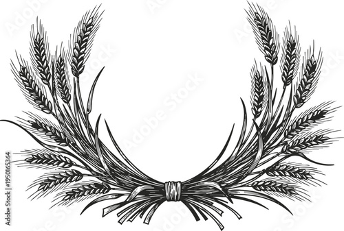 Wheat wreath silhouette bundle of rye ears tied with rope, vintage rustic agricultural design