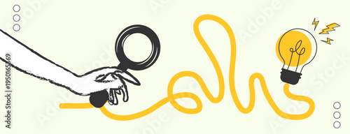 Vintage vector illustration depicting business search, idea insights, and innovative problem-solving concept art.