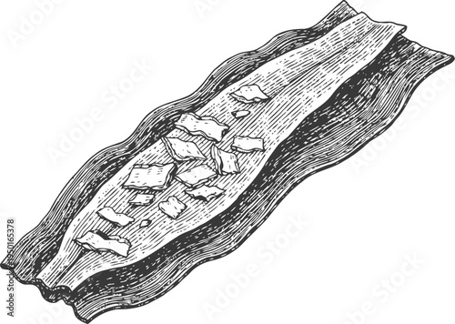 Hand drawn bacon strip with crispy texture illustration detailed black and white vintage food sketch