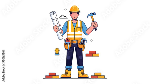 Blueprint and Hammer: A builder stands ready, brandishing a blueprint and hammer, embodying craftsmanship and construction expertise.