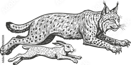 Lynx chasing hare wild cat predator and fast prey running, wildlife hunting scene in nature