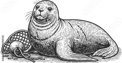Engraved illustration of a resting seal with fishing net and buoy on white background