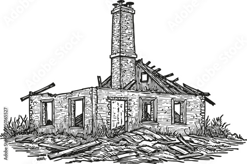 Ruined house with damaged roof and tall chimney surrounded by debris and overgrown grass