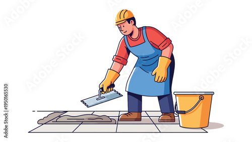 Tiling Work in Progress: A construction worker, meticulously applying tiles, embodies skill and precision. The image captures the art of transformation as he crafts a new surface.