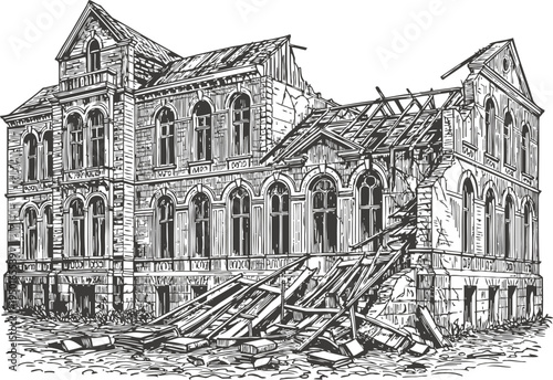 Dilapidated historic building with collapsed roof and worn stone walls in detailed black and white sketch