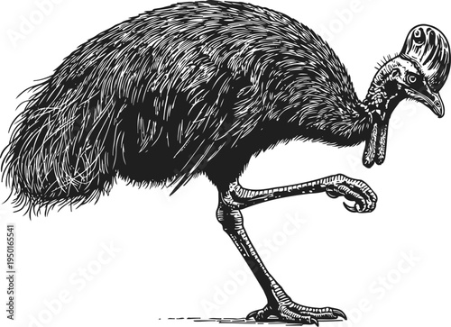 Black and white detailed illustration of a cassowary bird standing on one leg with prominent casque