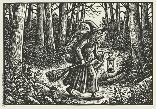 Witch walking through dark forest at night holding lantern and broomstick mystical folklore character