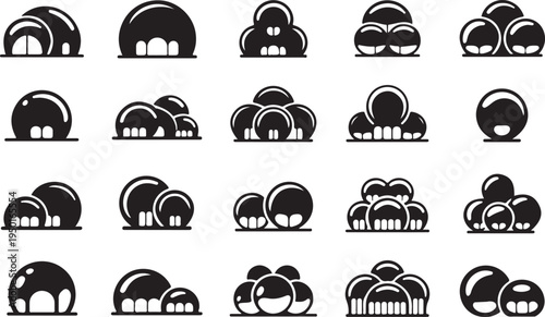 black and white icons set featuring a vector collection of nature and car silhouette symbols for web button design and ecology sign element illustration