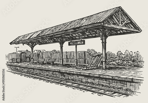 Vintage train station platform with wooden roof and benches, detailed hand drawn illustration