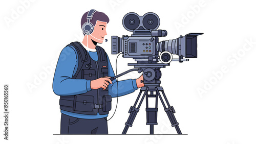 Behind the Lens: A skilled cameraman, engrossed in his craft, operates a vintage camera, capturing the essence of a scene with precision and focus.