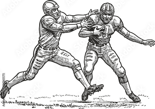 American football players in action defensive tackle reaching for the ball carrier in vintage drawing