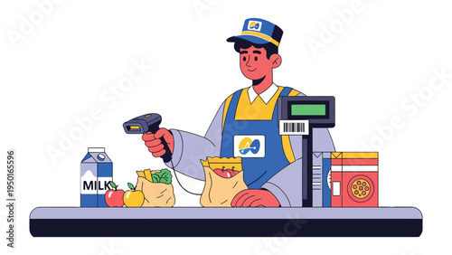 Checkout Counter: A diligent cashier scans groceries at a modern checkout counter, illustrating everyday shopping transactions.