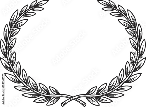 Classic laurel wreath illustration with crossed stems and detailed leaves in black and white design
