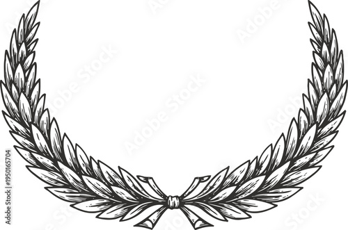 Laurel wreath emblem with detailed leaves and ribbon bow in vintage