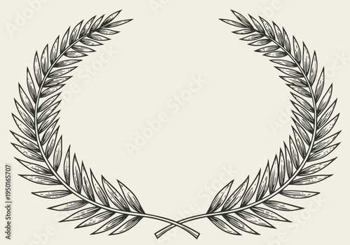 vintage laurel wreath frame in detailed hand drawn style, botanical leaves curved design