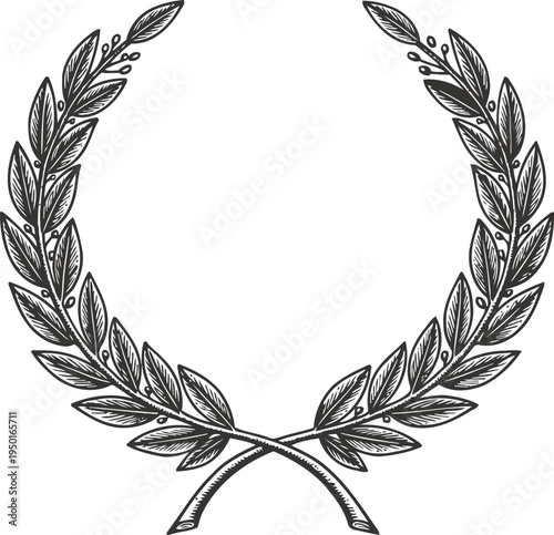 Vintage laurel wreath illustration with detailed leaves and berries in black and white design