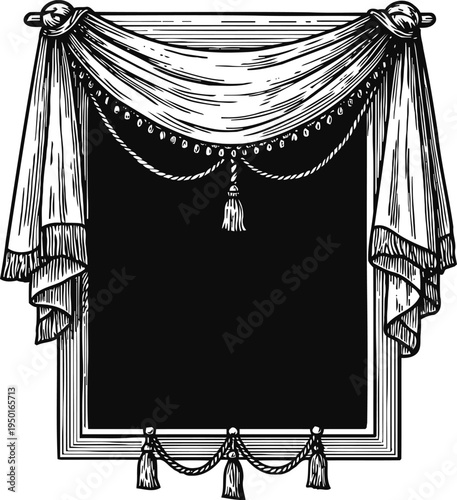 Elegant vintage window frame with draped curtains and decorative tassels in classic