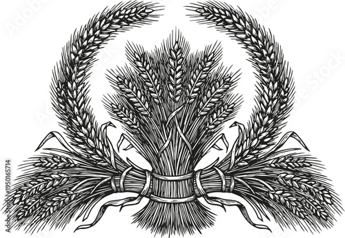 Vintage wheat sheaf illustration bundle of wheat ears tied with ribbon, agricultural crop design