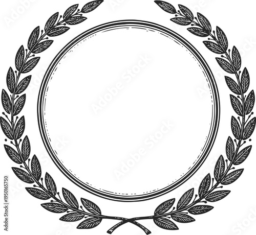 Vintage laurel wreath frame with circular border, hand drawn botanical design for decoration
