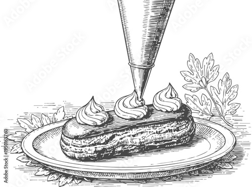 Decorating an eclair with cream using a piping bag on a plate with garnish leaves