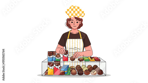 Artisan Chocolate Confectioner: A skilled confectioner, clad in apron and hat, carefully arranges an assortment of exquisite chocolates and treats in her shop.