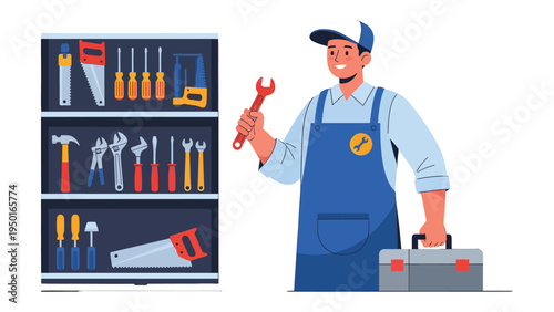 Skilled Technician with Toolbox: A skilled technician stands proudly with wrench and toolbox, next to a well-organized set of equipment ready for maintenance and repair