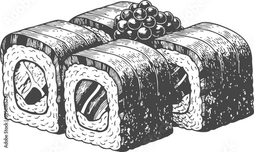 hand drawn sushi rolls with fish filling and roe topping, traditional japanese cuisine illustration