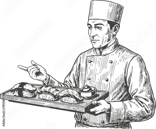 Chef holding a wooden tray with sushi and dipping sauce japanese cuisine preparation by professional cook in uniform