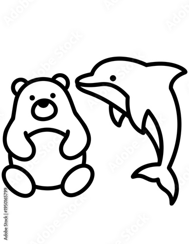 Bear and dolphin cartoon friends smiling.