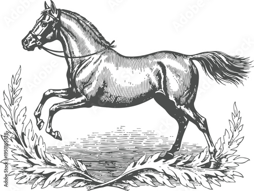 Vintage engraved horse illustration with decorative laurel wreath and detailed shading