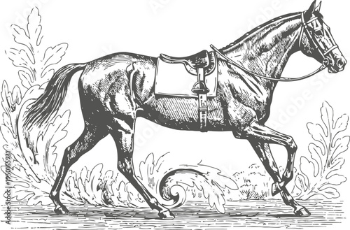 vintage horse illustration with saddle trotting in decorative floral background engraved equestrian animal design