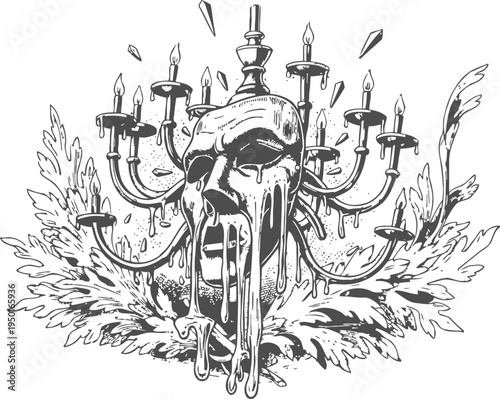 Melting skull with dripping wax surrounded by vintage candelabra and decorative leaves illustration