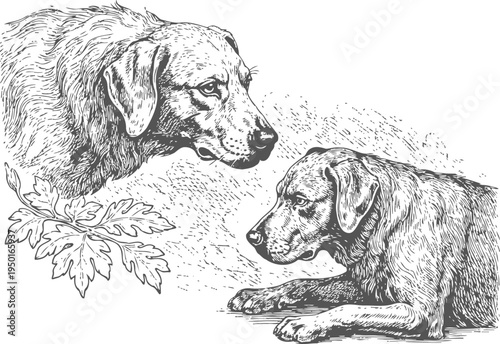 Two dogs hand drawn illustration detailed sketch of sitting and standing canines in vintage