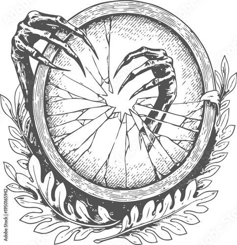 Dark gothic broken mirror with clawed hands reaching out, surrounded by decorative leaves and ornate frame