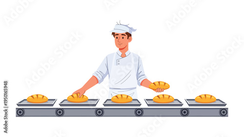 Bakery at Work: A diligent baker orchestrates the baking process, carefully placing freshly baked loaves of bread along a continuous production line.