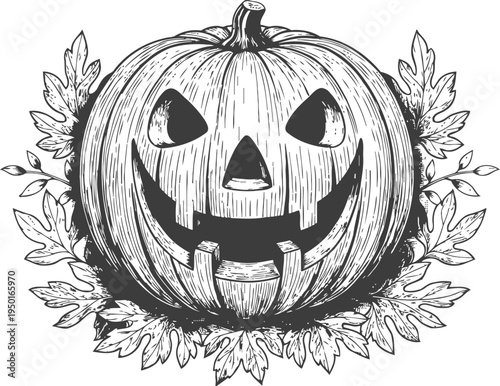 Carved halloween pumpkin jack o' lantern surrounded by autumn leaves with spooky smiling face