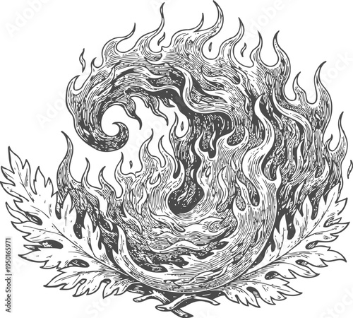 Flaming swirl with oak leaves intricate fire spiral design with detailed leaf elements and decorative flame patterns