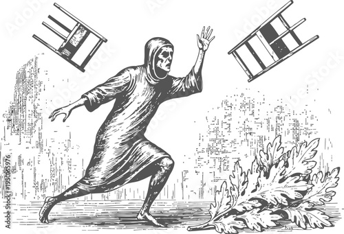 Medieval hooded figure chasing flying chairs near giant oak leaves illustration